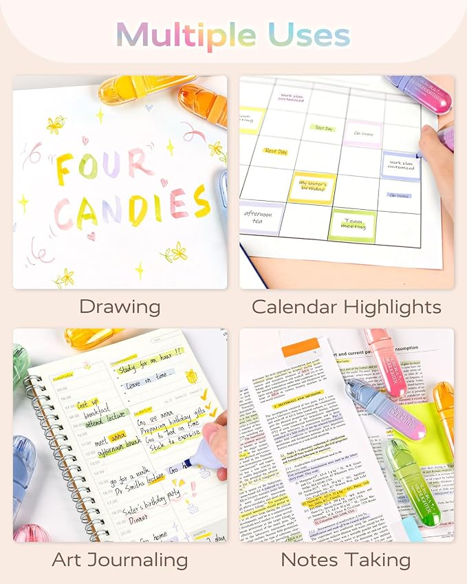 Four Candies 12 Pcs Highlighters Assorted Colors, Cute Pastel Highlighter Set, Dry Quickly, Soft Chisel Tip, No Bleed Highlighter, Aesthetic Highlighters