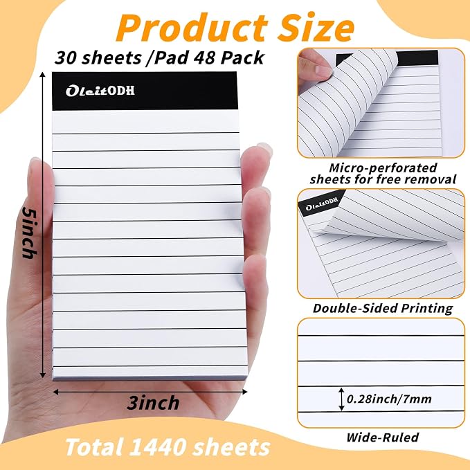 Oleitodh 48 Pack 3 x 5 Notepads White Lined Mini Memo Pads Perforated | 30 Sheets Per Pad, Pocket Size, Smooth Writing, Easy Tear Pages, Office, School, Home, To-Do Lists, Meeting Notes