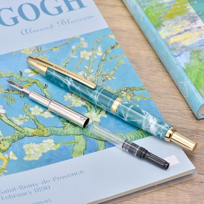 Jinhao 10 Press Fountain Pen with Box, Marble Blue Retractable Extra Fine Nib with Ink Converter Set (Golden Clip)