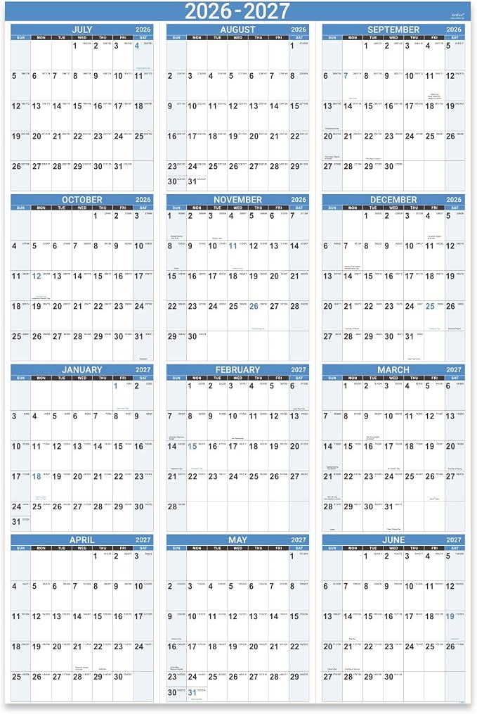 2026-2027 Yearly Wall Calendar - Calendar 2026-2027, July 2026 - June 2027 | Large Wall Calendar 26-27, 34.8" x 22.8"(Open), Full Year Calendar Large, One Page Vertical with Round Stickers - Haze Blue