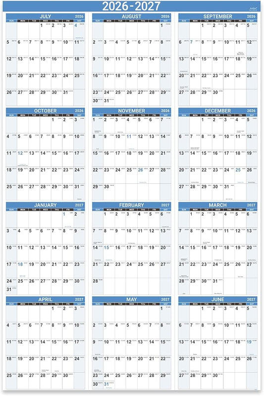 2026-2027 Yearly Wall Calendar - Calendar 2026-2027, July 2026 - June 2027 | Large Wall Calendar 26-27, 34.8" x 22.8"(Open), Full Year Calendar Large, One Page Vertical with Round Stickers - Haze Blue