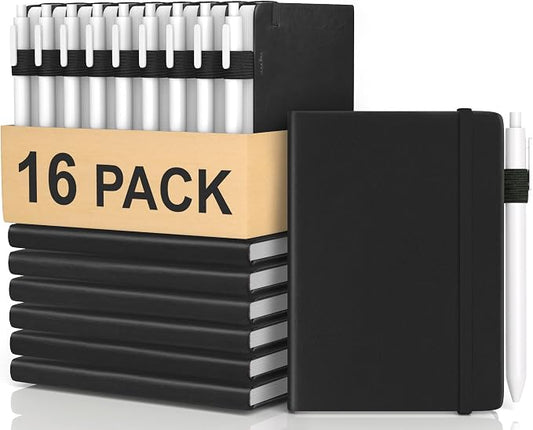 Pocket Small Notebook Journals, 16 Pack (Black) Mini Notebook 3.7x5.7 Journaling Notebooks for Women Men, Hardcover Lined Note Pads with Pens for Work, Business, Travel Journal, Office Supplies