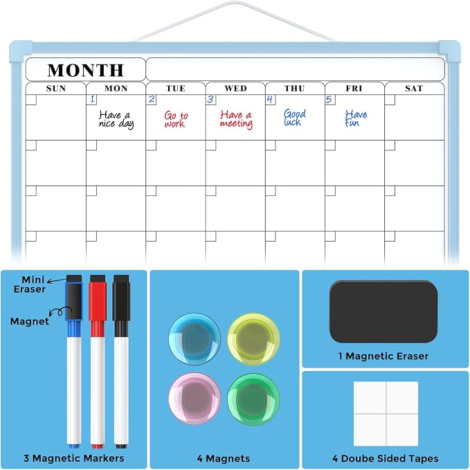 MaxGear Monthly Calendar Dry Erase Board for Wall, 16"x12", Blue Frame | Double-Sided, Hanging Small White Board, Portable Whiteboard for Planning, Drawing, Memo, to Do List, Home, Kitchen, Office