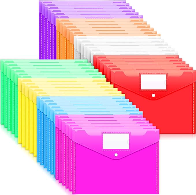 Sooez 48 Pack Folders Plastic Envelopes, Clear Plastic File Folder for Document, Letter A4 Size Poly File Envelopes with Label Pocket, Snap Button for Home Work Office Organizer, 8 Assorted Colors
