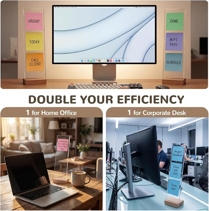 2-Pack Monitor Memo Board & Sticky Note Holder, Freestanding Acrylic Computer Desk Accessories with Wood Base, Zero Adhesive Screen Note Board for Office Organization Decor