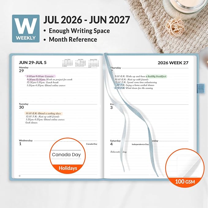SUNEE 2026-2027 Weekly & Monthly Hardcover Planner 5.5" x 8.3" - 12 Month (July 2026 - June 2027), Small Academic Year Calendar Planner, Pocket, Notes, 100 GSM Paper, Sage Blue