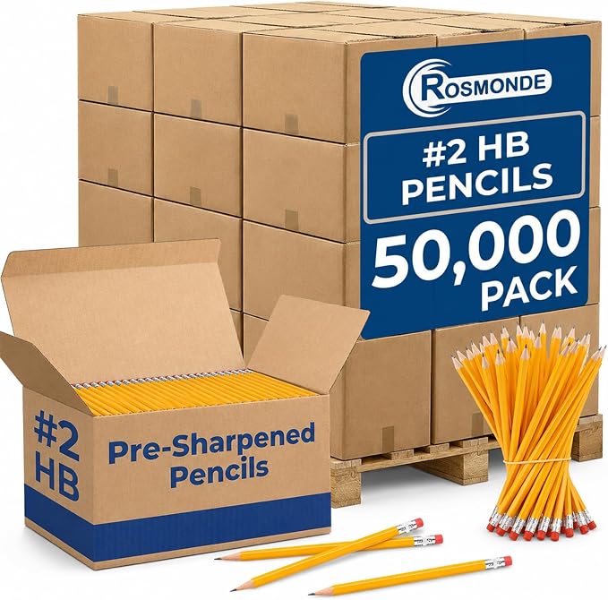 Rosmonde Pencils Bulk, 50,000 Pack, Pre Sharpened #2, Bulk Pencils Set | Easy Hold Grip With Erasers On Top, Bulk Supply for Teachers, School Districts, Classroom Stocking & Back to School Programs