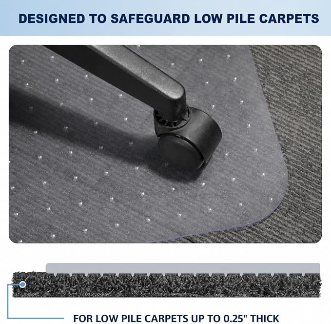 Chair Mat for Carpet- Low Pile (1/4" Thick) Carpet Protector for Office Gaming Computer Desk Chair. Heavy Duty Desk Chair Mat for Carpeted Floors, Semi Transparent (with Lip)