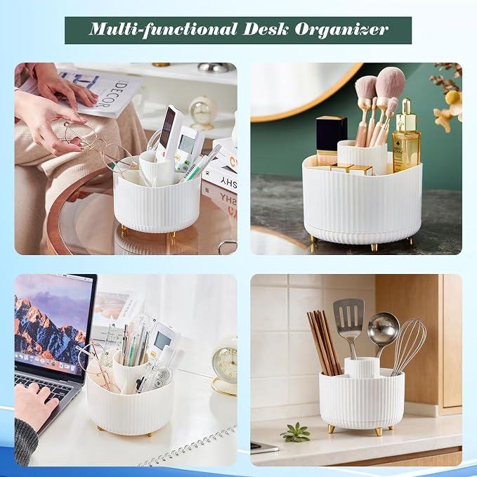 360-degree Rotation Pencil Holder with 5 slots, White | Cute Pen Holder For Desk, Office, and Home Pen Stand, Office Decor Accessory
