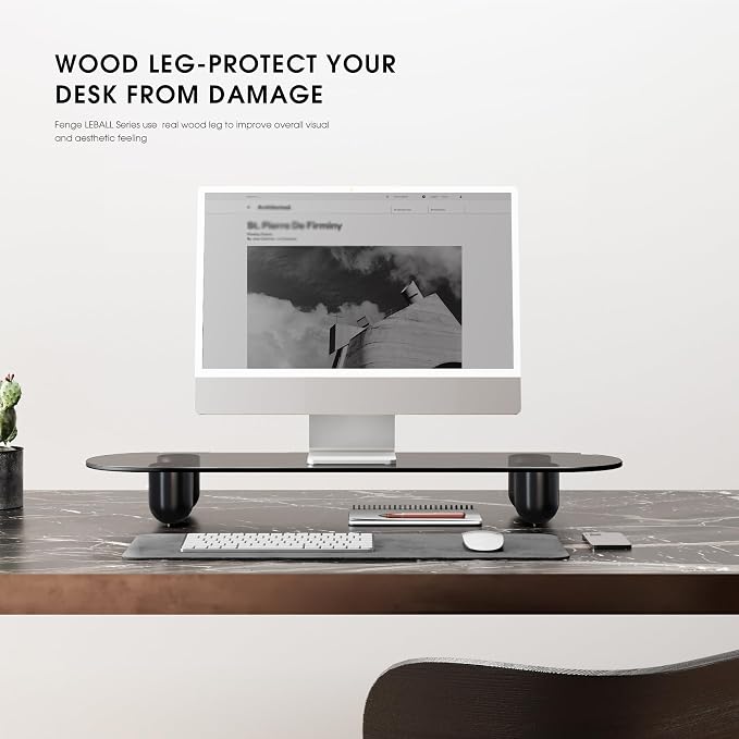Fenge Computer Monitor Stand with Solid Beech Wood Legs, 34 Inch | Black Tinted Tempered Glass Panel, 5-Min Tool-Free Assembly, Oval Monitor Riser for Art Spaces, Studios, Home Office