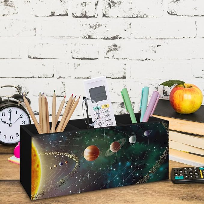 Black Outer Space Decor Wooden Pen Pencil Holder for Desk, Black Space Themed Bedroom Decor Gift for Kids Men, The Solar System Wood Makeup Brush Toothbrush Holder Organizer for Library Bedroom
