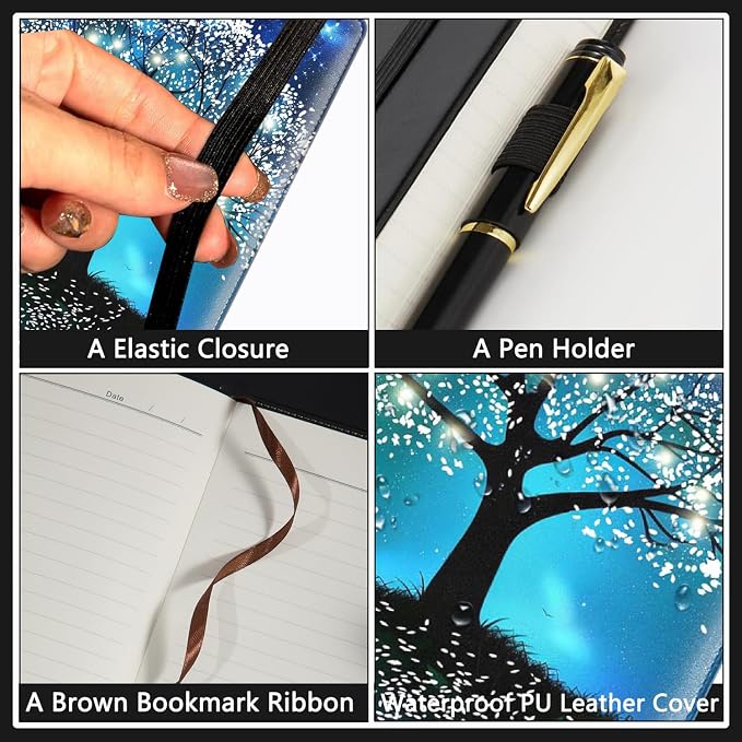 A5 Leather Lined Journal Notebook, 200 Pages Hardcover Executive Notebook for Men Women Office School Note Taking, Thick Writing Paper Daily Journal with Bookmarks/Indexes, Tree of Light