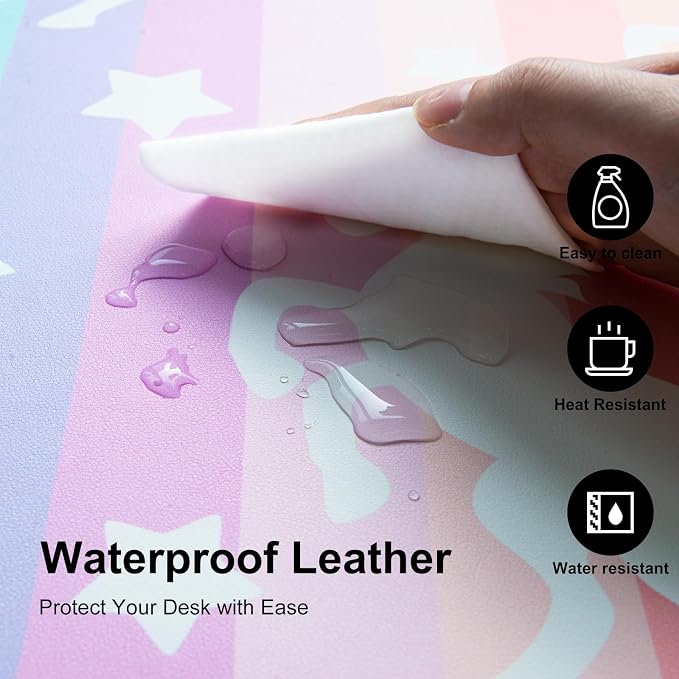 Colorful Star Unicorn Rainbow PU Leather Waterproof Desk Pad, 31.5" x 11.8" | Girls Women Cute Desk Mat, Rainbow Desk Accessories Kawaii Office Décor, Non-Slip Large Writing Mat for Kids