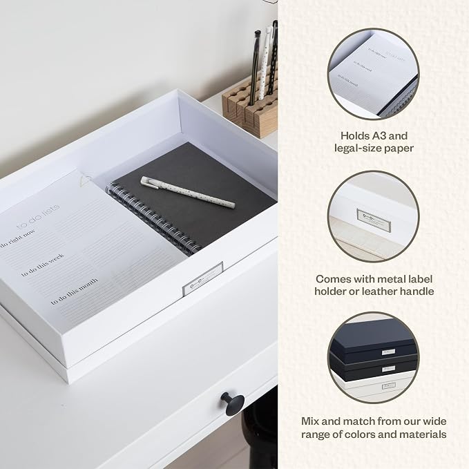 Bigso Sverker Fiberboard Legal and Art Storage Box - Scrapbook Storage Box for Loose Papers and More - Durable Document Boxes with Lid and Metal Label Holder - 17.1 in x 12.2 in x 3.3 in - White