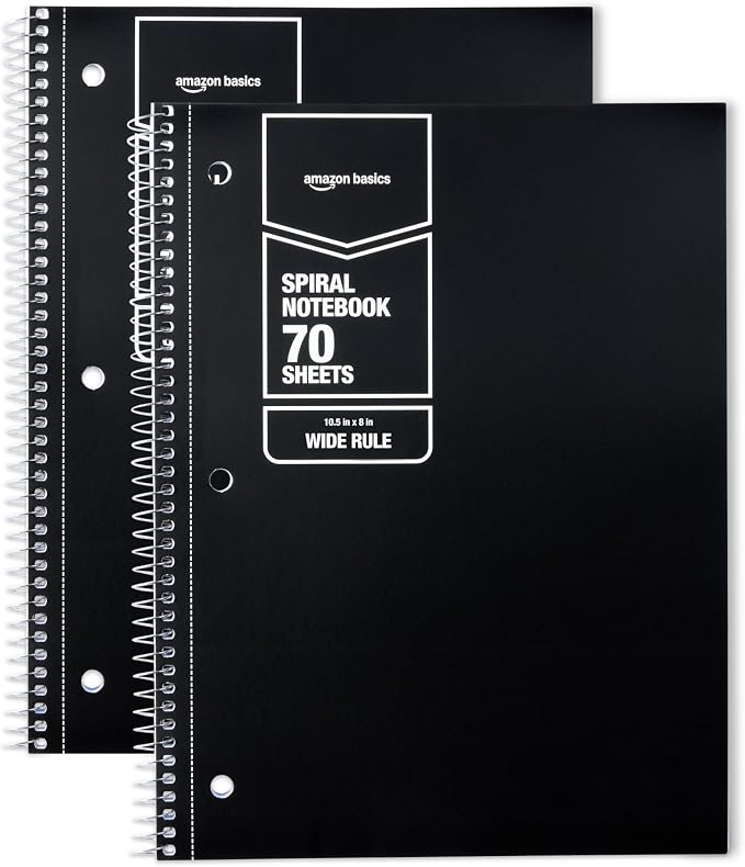 Amazon Basics Wide-Ruled Spiral Notebooks, 8" x 10-1/2", 70 Sheets, Black, 2-Pack