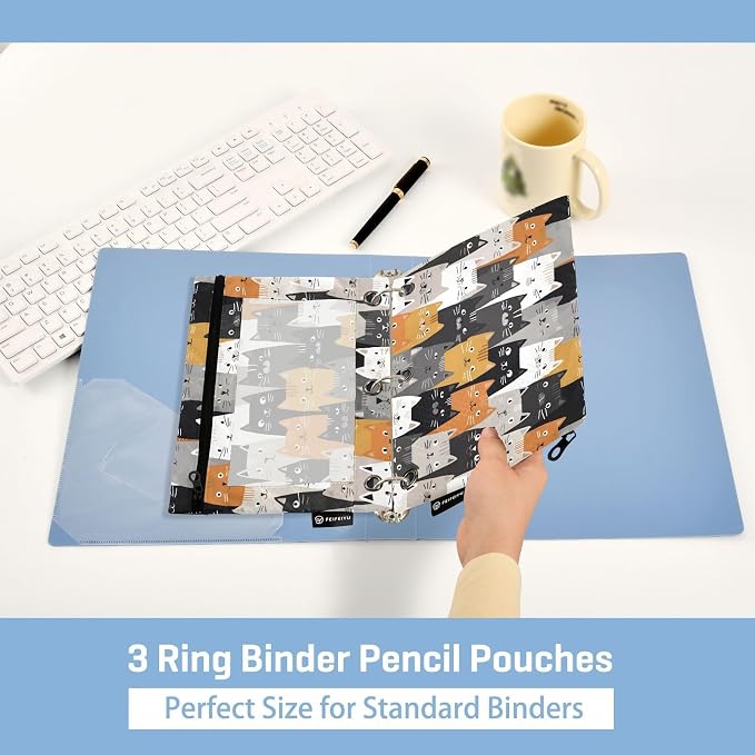 ALAZA Pencil Pouch for 3 Ring Binder, Cartoon Cats Cute Binder Pencil Pouches with Clear Window Zipper Pencil Case Cosmetic Bags for Office College Supplies, 2PCS