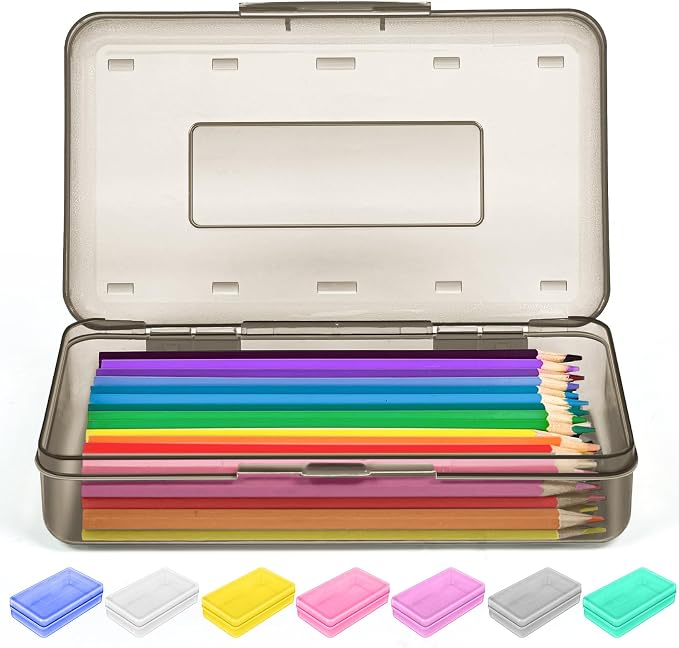 Sooez 1 Pack Clear Pencil Box, Plastic Hard Pencil Case with Stickers, Large Crayon Box with Snap-tight Lid, Stackable Storage Art Craft Marker Organizer Boxes for Kids Boys Back to School, Gray