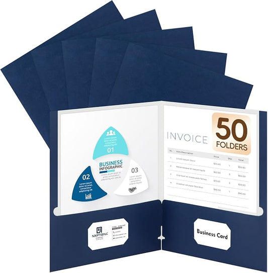 50 Packs Two Pocket Folders,Two Pocket File Folders with Business Card Slot,Dark Blue,Letter Size,Paper Folders with Pockets for School Office Home Business