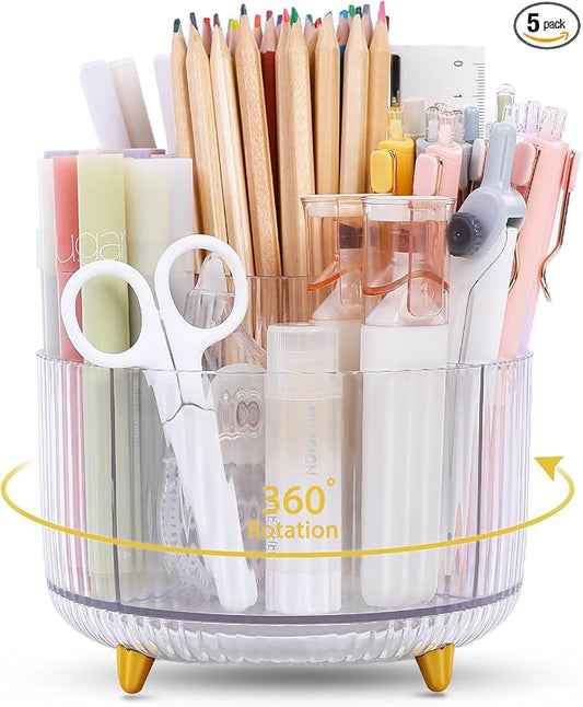 SKYDUE Rotating Pencil Pen Holder, Pen Organizer with 5 Slots - Aesthetic Desk Organizer and Accessories for School, Home, Office Supplies