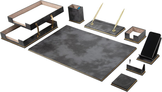 Cloud Luxury Leather Desk Set – 10 Piece Executive Desk Organizer with Desk Pad, Double Document Tray, Pen Holder, Memo Holder, Business Card Holder & Phone Stand – Gold Office Accessories (Gray)