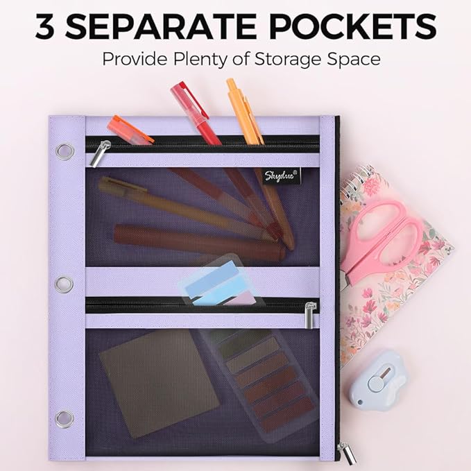 SKYDUE 3 Ring Pencil Pouch for Binder, Zipper Binder Pencil Pouch with 3 Pockets and Mesh Window, Durable Organizer for School Supplies, Cables, Earbuds, Makeup