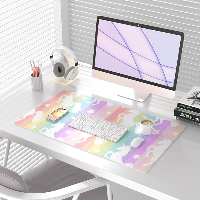 Colorful Star Pink Unicorn PU Leather Waterproof Desk Pad, 31.5" x 15.7" | Girls Women Cute Desk Mat, Rainbow Desk Accessories Kawaii Office Décor, Non-Slip Large Writing Mat for Kids