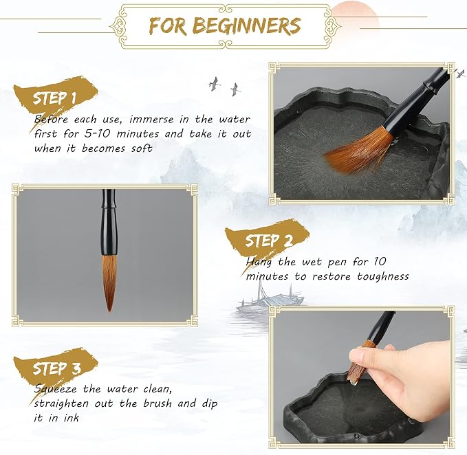 12 Pieces Chinese Calligraphy Brush Set with Sumi Watercolor | Roll-Up Bamboo Holder, Japanese Kanji Writing, Ink Painting, Goat Hair Tips, Beginner Artist Kit