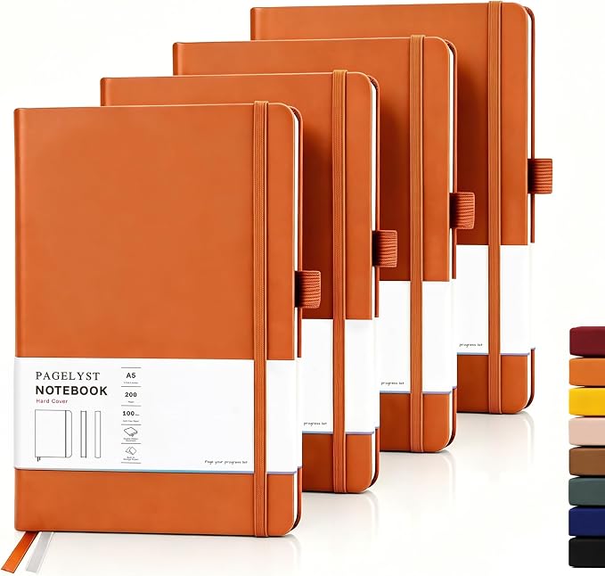 PAGELYST Blank Journal Notebook, 200 Pages,4 Pack Leather Hardcover Notebook, A5 Medium 5.7'' x 8.3'', 100 GSM Thick Paper for Sketching, Drawing, Painting (Orange)