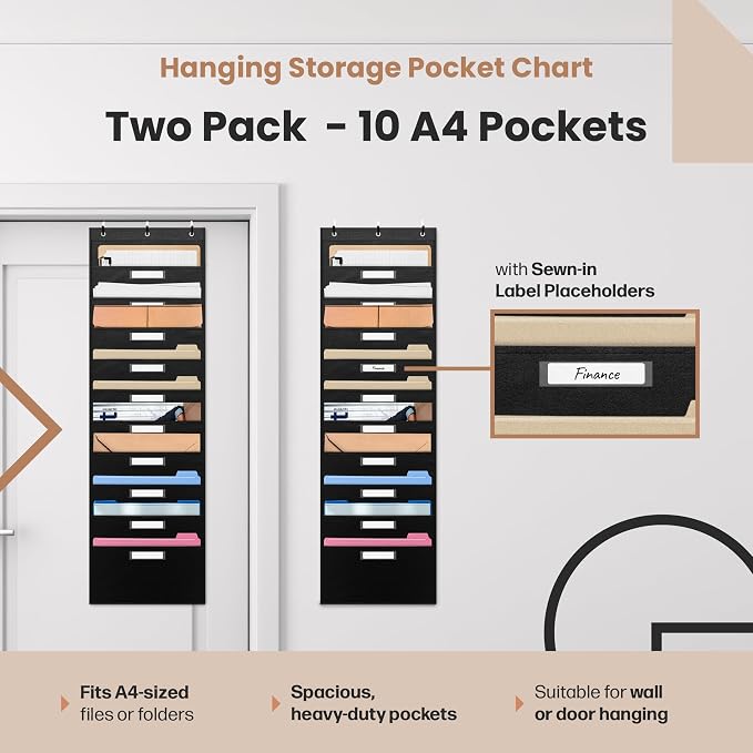 Hippo Creation Storage Pocket Chart for Classroom, 10 Pocket Storage Organizer with 6 Over-Door Hangers, Hanging Wall Organizer for File Folders, School Mailbox, Home Office Papers - Black, 2 Pack