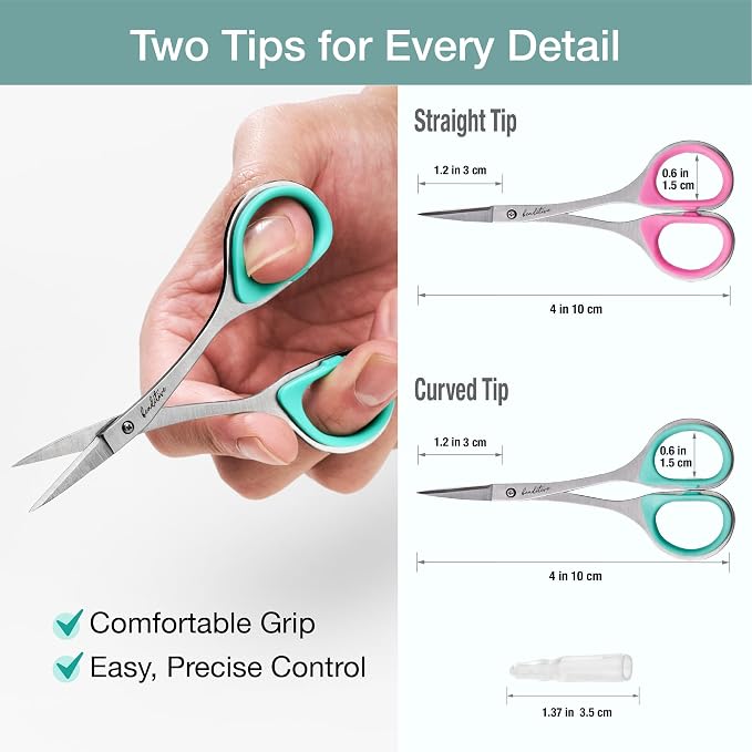 Beaditive Sewing and Embroidery Scissors Set (2 Pc.) Curved and Straight, Sharp, Stainless-Steel Design | Precision Tips, Ergonomic Rubber Handle Grip | Small, Compact DIY Use (1 Curved, 1 Straight)