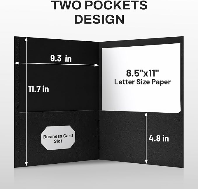 SUNEE Two Pocket Folders, 100 Pack File Folders with Business Card Slot, Textured Paper, Fit Letter Size Paper, Paper File Folder for School Office Home Business, Black