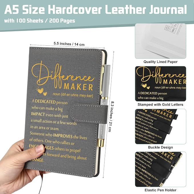 Kosiz 20 Pcs/10 Sets Employee Appreciation Gift Bulk A5 Leather Notebook Inspirational Journal Pen Thank You Gift for Men Women Coworker Teacher Office Back to School(Morandi,Difference Maker)
