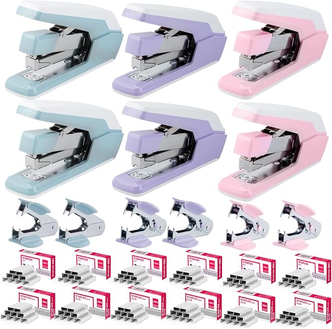 Deli Stapler, Effortless Staplers for Desk, 6 Pack, 3 Colors | 40-50 Sheet Capacity Heavy Duty, One Touch, No Effort, Easy to Load, With 9000 Staples & Staple Removers