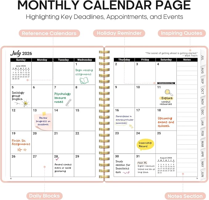 Planner 2026-2027, 8.5" x 11" Weekly and Monthly Academic Year Planner Calendar, July 2026 - June 2027, Hardcover Large School Planning Agenda With Tabs, Perfect for School & Office Supplies, A4, Pink