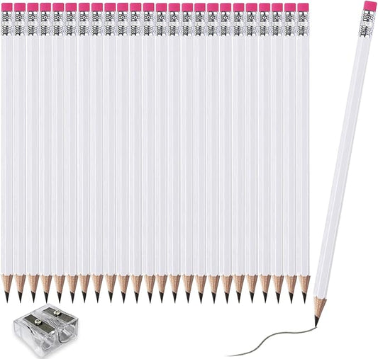 Adhere 25pcs Woodcase Pencils with Eraser Premium Pre-Sharpened Hexagon Graphite 2B pencils ideal for home, office writing including a Free Sharpener(White・25pcs)