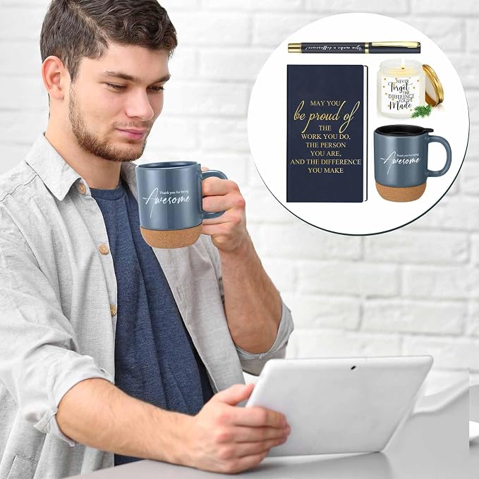 Sayglossy 4 Pcs Thank You Gifts Set for Men Back to School Teacher Appreciation Gift Leather Notebook Inspirational Coffee Mug Scented Candle Ballpoint Pen for Male Employee Coworker Nurse Boss, Blue