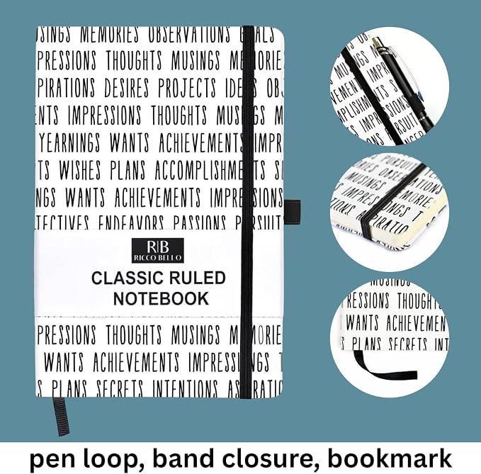 RICCO BELLO Lined Journal Notebook, Goals, Hardcover, 5.7 x 8.4-Inches | 96 Sheets / 192 Pages, College Ruled, Pen Holder, For Work & Notes