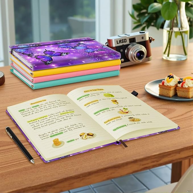 Hardcover Executive Notebooks, A5 PU Leather Lined Journal Notebook, 200 Pages Thick Paper Subject Notebooks for School,Work,Home Writing Business Notebook，Blue Butterfly Purple Background