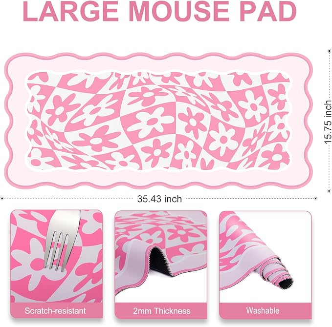 L-SPOUTTO Pink Mouse Pad,Scalloped Desk Mat Daisy XXL Large Gaming Mousepad | 35.4x15.7in Non-Slip Rubber Base Keyboard Pad Waterproof Desktop Mat for Laptop Computer Work Game Home Office