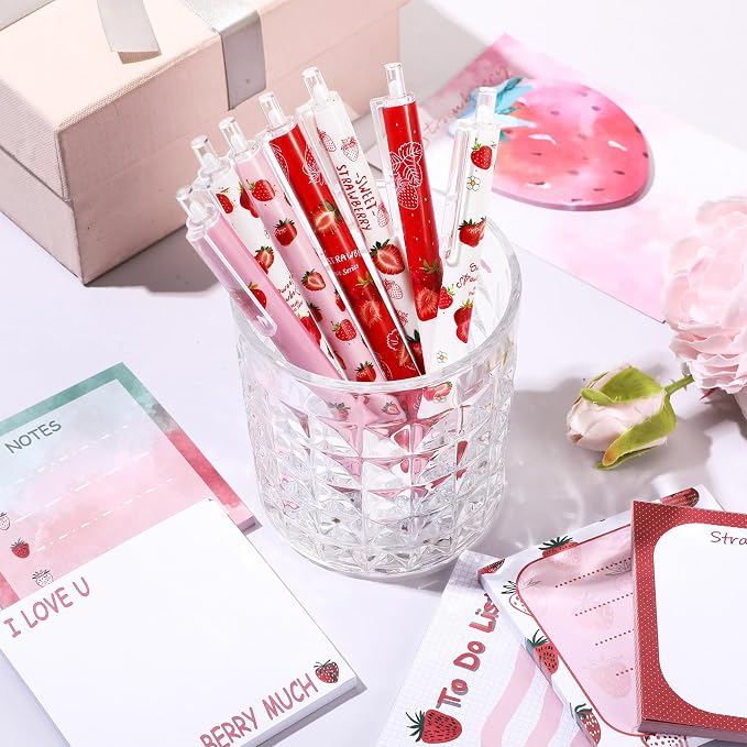 Sabary 18 Pcs Stationery Set, 12 Aesthetic Pens & 6 Sticky Notes, Valentines Gifts, Baby Shower Party, Cute Office School Supplies, Gifts for Women Students Nurses Teachers Coworker(Strawberry)