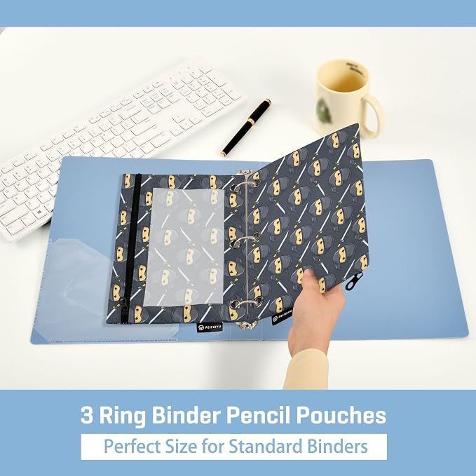 Binder Pencil Pouches Ninja Pattern Pen Case Black | Clear Window 3 Rings, Cosmetic Bags School Office Supplies Cosmetic Makeup Bag 2 Psc