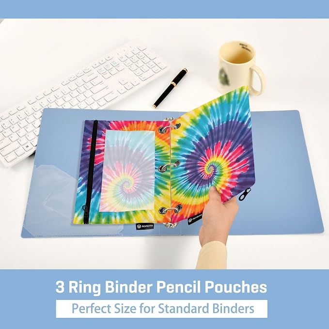 Tie Dye Rainbow Swirl Pencil Pouch for 3 Ring Binder 2 Pack Zipper Binder Pencil Bag with Clear Window Pencil Case for Office Supplies