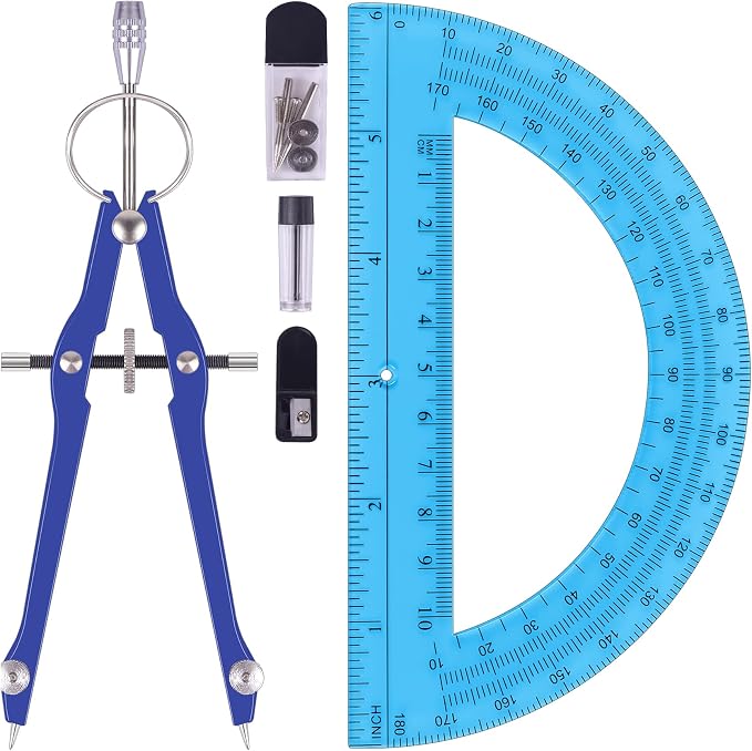 Unjoo Compass and Protractor Set, Math Compass for Geometry (Navy Blue) | Professional Drawing Compass Tool, Metal Compass with Extra Refills, 6 Inch Math Protractors 180 Degree, For School, Office