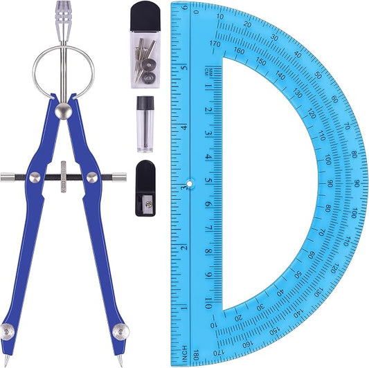 Unjoo Compass and Protractor Set, Math Compass for Geometry (Navy Blue) | Professional Drawing Compass Tool, Metal Compass with Extra Refills, 6 Inch Math Protractors 180 Degree, For School, Office