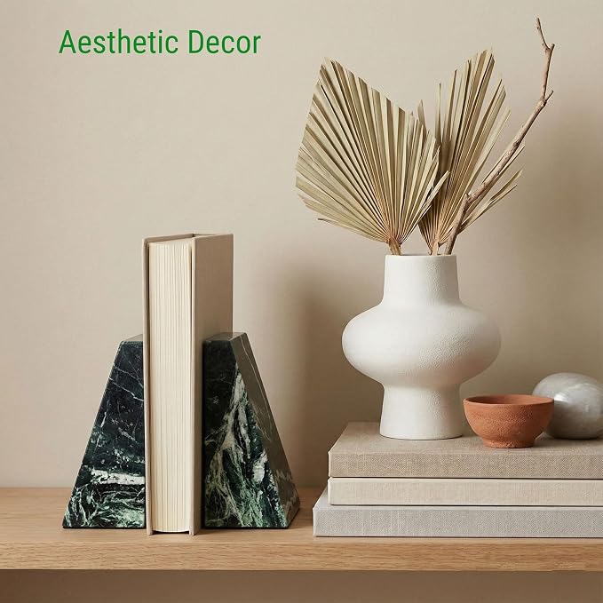 Natural Marble Bookends for Shelves,Office bookends for Heavy Books. Unique Brown Book Ends, Set of 2,Heavy Duty (Green)