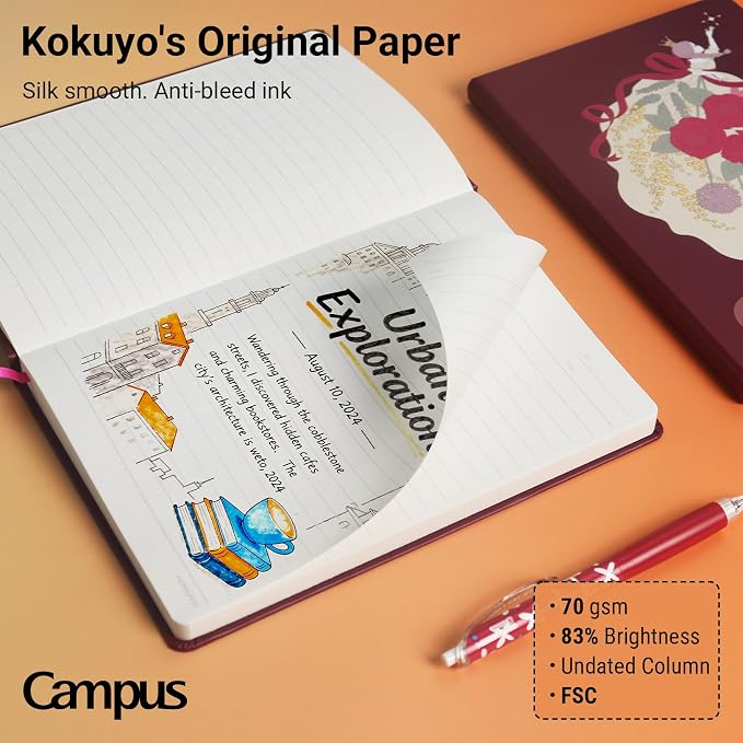 KOKUYO Lined Journal Notebook, A5 Hardcover Notebook for Women in 8mm Ruled, 100 Sheets Travel Journal in 5.5'' x 8'', Journaling, Writing, Work & Office, 70 GSM Japanese Smooth Paper, Red