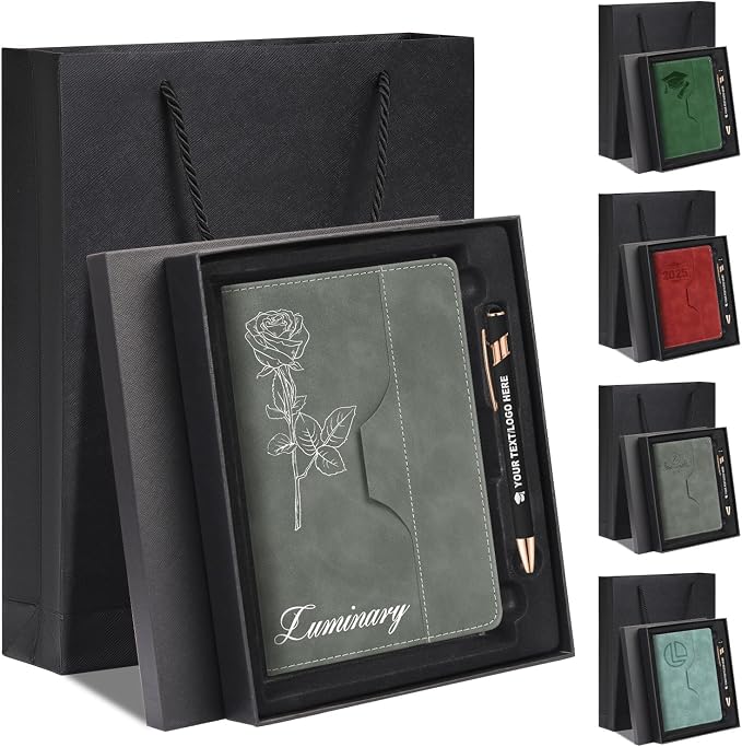 ENOMY Personalized A5 Notebook Writing Set Custom Notebook PU Leather Personalized Journal with Stylus Pen & Gift Box for College Holiday Travel Business Gift, Gray