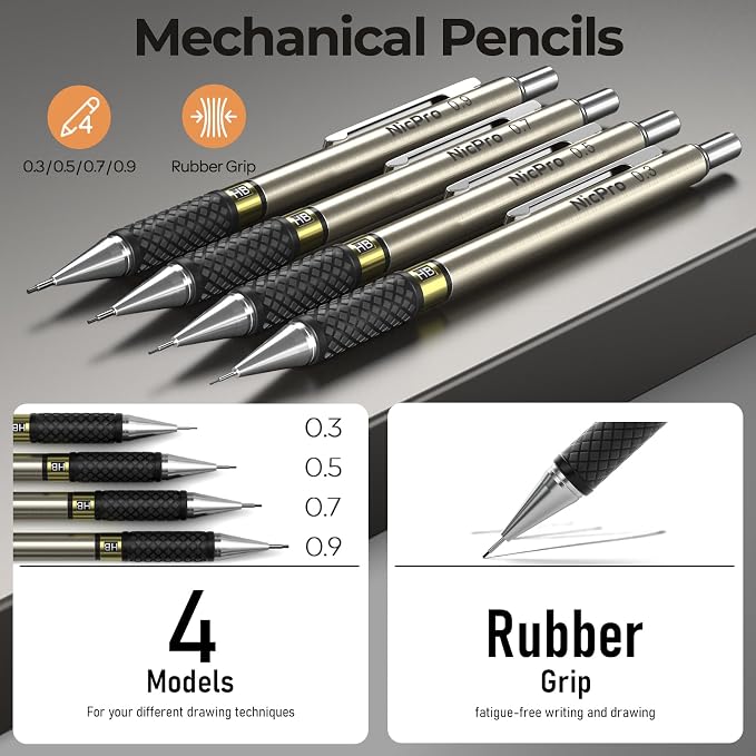 Nicpro 37PCS Gold Art Mechanical Pencil Set, 4PCS Metal Drafting Pencil 0.3/0.5/0.7/0.9 mm & 2PCS 2mm Lead Holder (6B 4B 2B HB 2H 4H) School Supplies for Sketching Drawing with 23 Tube Lead Refills