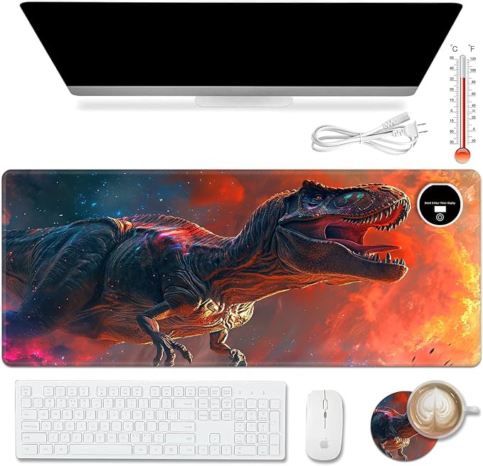 Warm Desk Pad,Heated Desk Pad,Office Mat,3 Heating Levels & 3 Hours Auto Shut-Off,31.5"*13" Gaming Mouse Laptop Keyboard Leather Desk Mat,Dinosaur Glitter Sunset