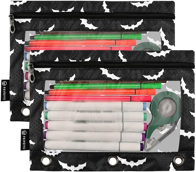 Bats Halloween Goth Pencil Pouches for 3 Ring Binder 2 Pack | Binder Pencil Case With Zipper Reinforced GrommetsPencil Bags for Office Organizers